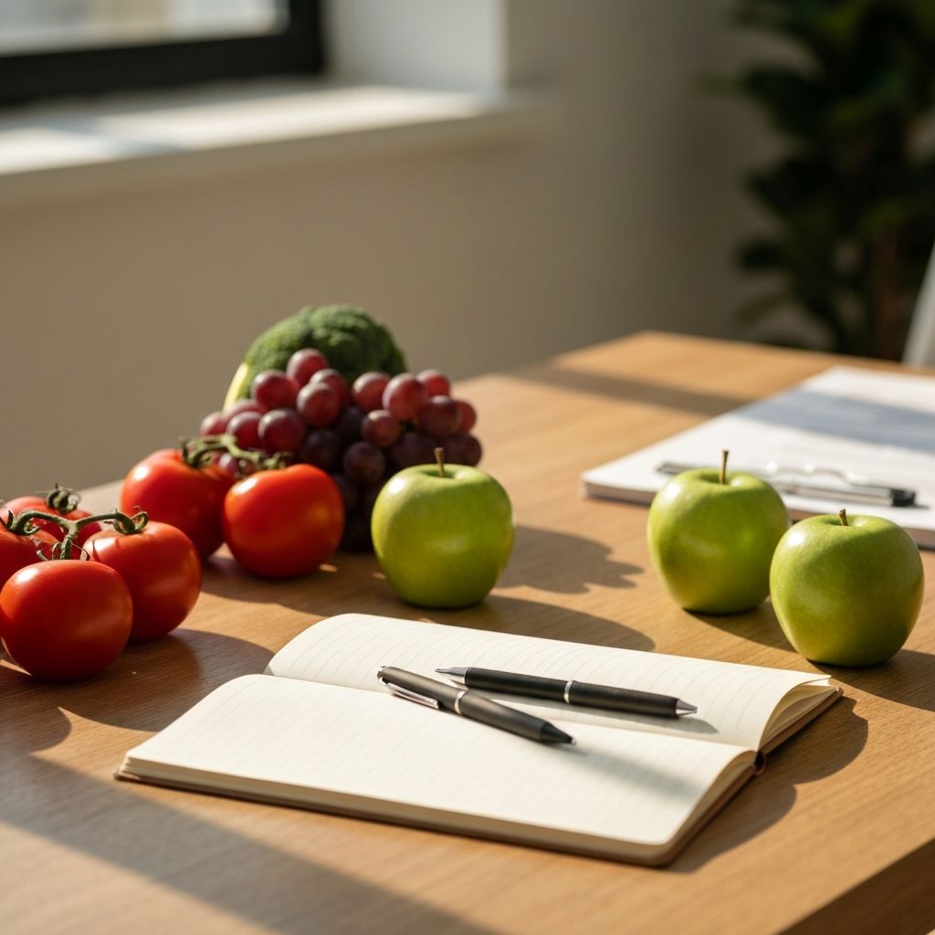 Nutrition consultation workspace with healthy food and notes